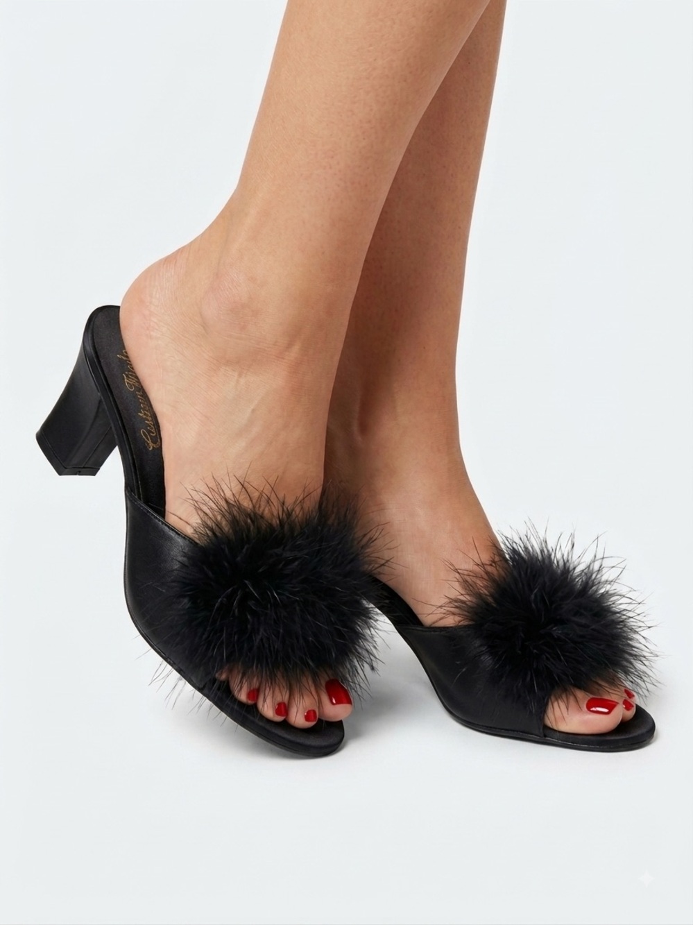 Vintage Black Marabou Pom Block-Heel Slide